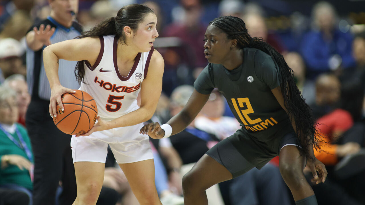 GREENSBORO, NC - MARCH 08: Miami Hurricanes guard Ja'Leah Williams (12) guards the perimeter as Virginia Tech Hokies guard Georgia Amoore (5) runs the point during the Women's ACC Tournament on March 8, 2024 at Greensboro Coliseum in Greensboro.