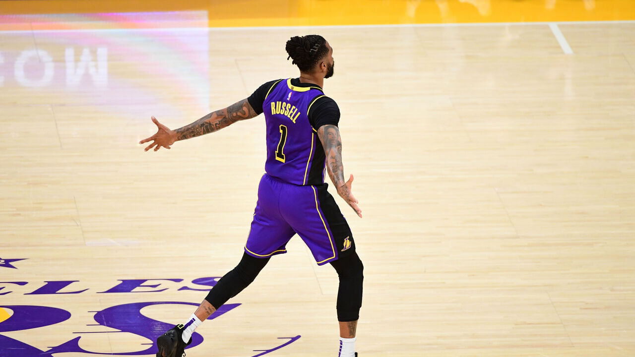 LOS ANGELES, CA - MARCH 8: D'Angelo Russell #1 of the Los Angeles Lakers celebrates during the game against the Milwaukee Bucks on March 8, 2024 at Crypto.Com Arena in Los Angeles, California. NOTE TO USER: User expressly acknowledges and agrees that, by downloading and/or using this Photograph, user is consenting to the terms and conditions of the Getty Images License Agreement. Mandatory Copyright Notice: Copyright 2024 NBAE