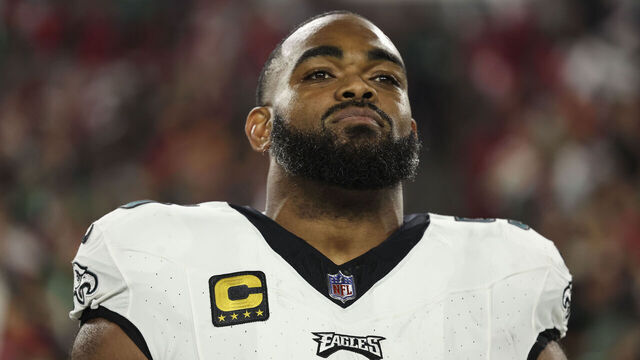TAMPA, FL - JANUARY 15: Brandon Graham #55 of the Philadelphia Eagles looks on from the sideline during the national anthem prior to an NFL Wild Card playoff football game against the Tampa Bay Buccaneers at Raymond James Stadium on January 15, 2024 in Tampa, Florida.