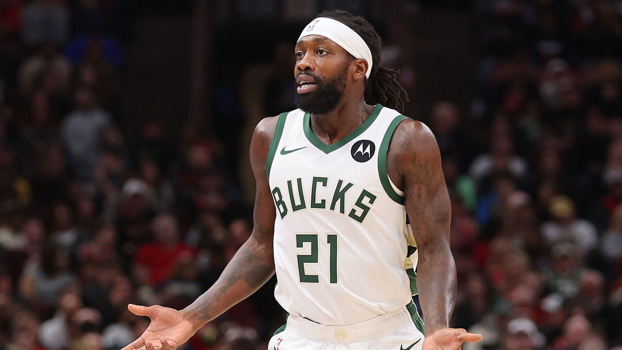 CHICAGO, ILLINOIS - MARCH 01: Patrick Beverley #21 of the Milwaukee Bucks reacts against the Chicago Bulls during the first half at the United Center on March 01, 2024 in Chicago, Illinois.