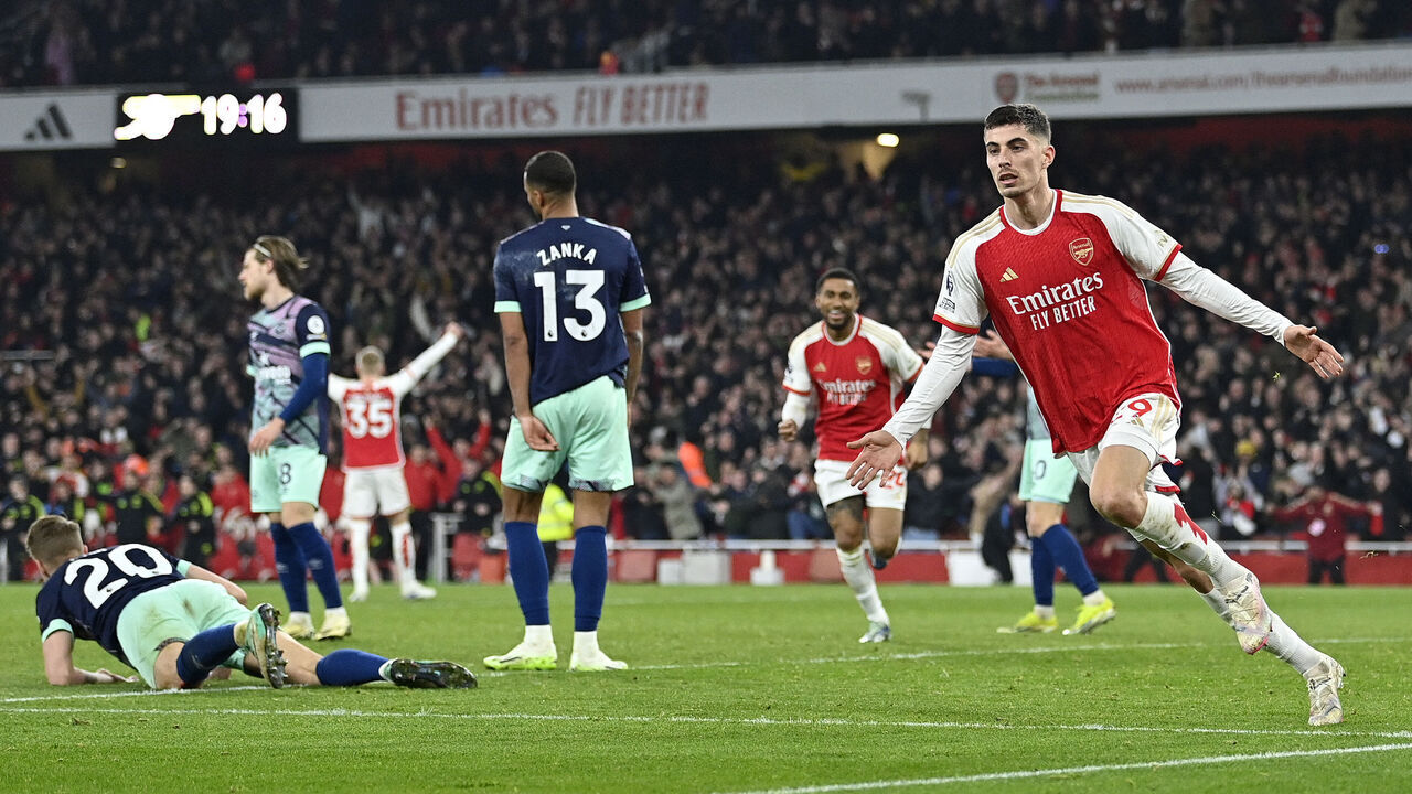 Arsenal's German midfielder #29 Kai Havertz celebrates scoring the team's second goal during the English Premier League football match between Arsenal and Brentford at the Emirates Stadium in London on March 9, 2024.