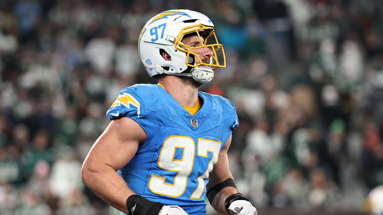 EAST RUTHERFORD, NEW JERSEY - NOVEMBER 06: Joey Bosa #97 of the Los Angeles Chargers reacts during the second half against the New York Jets at MetLife Stadium on November 06, 2023 in East Rutherford, New Jersey.