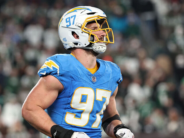 EAST RUTHERFORD, NEW JERSEY - NOVEMBER 06: Joey Bosa #97 of the Los Angeles Chargers reacts during the second half against the New York Jets at MetLife Stadium on November 06, 2023 in East Rutherford, New Jersey.
