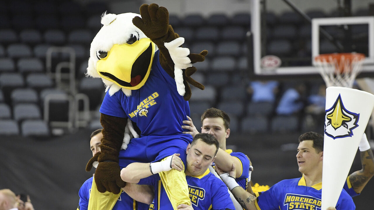 EVANSVILLE, IN - MARCH 09: Morehead State Eagles mascot Beaker is carried across the court during the Ohio Valley Conference Championship basketball game between the Little Rock Trojans and the Morehead State Eagles on March 9, 2024, at the Ford Center in Evansville, Indiana.