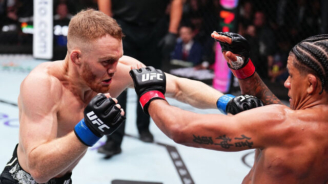 MIAMI, FLORIDA - MARCH 09: (L-R) Jack Della Maddalena of Australia punches Gilbert Burns of Brazil in a welterweight fight during the UFC 299 event at Kaseya Center on March 09, 2024 in Miami, Florida.