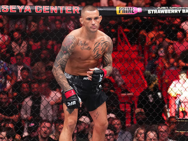 MIAMI, FLORIDA - MARCH 09: Dustin Poirier prepares to face Benoit Saint Denis of France in a lightweight fight during the UFC 299 event at Kaseya Center on March 09, 2024 in Miami, Florida.