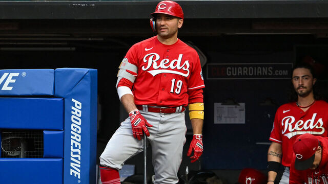CLEVELAND, OHIO - SEPTEMBER 26, 2023: Joey Votto #19 of the Cincinnati Reds looks on during the third inning against the Cleveland Guardians at Progressive Field on September 26, 2023 in Cleveland, Ohio.