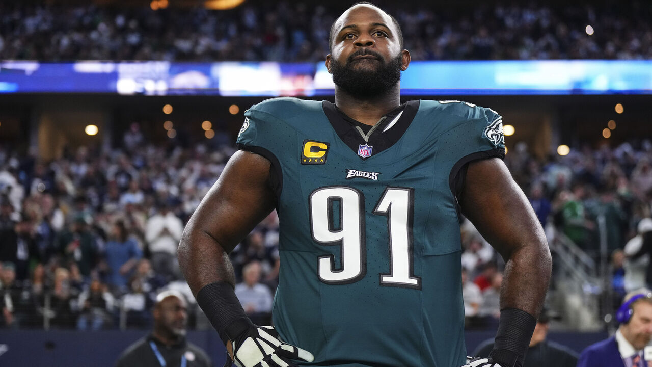 ARLINGTON, TX - DECEMBER 10: Fletcher Cox #91 of the Philadelphia Eagles looks on from the sideline prior to an NFL football game against the Dallas Cowboys at AT&T Stadium on December 10, 2023 in Arlington, Texas.