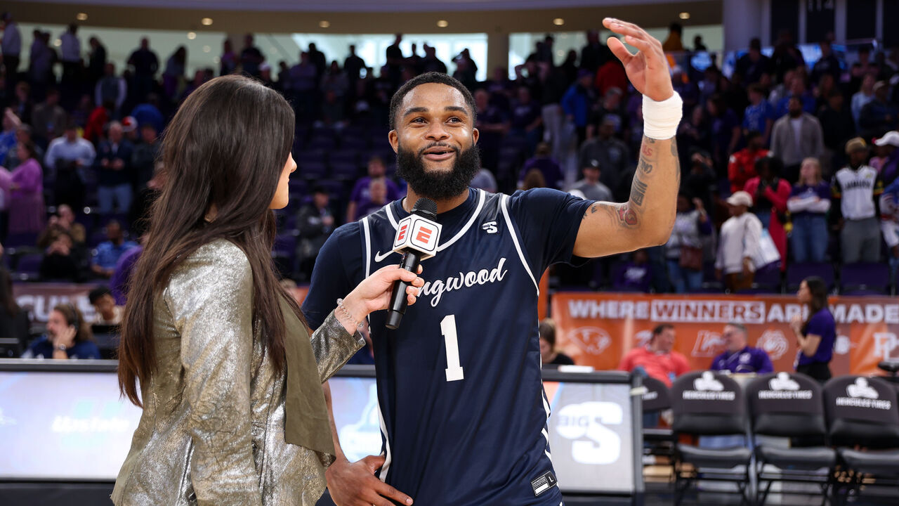 HIGH POINT, NORTH CAROLINA - MARCH 9: Walyn Napper #1 of the Longwood Lancers is interviewed by ESPN after the win against the High Point Panthers during the semifinal of the Big South Men's Basketball tournament at High Point University on March 9, 2024 in High Point, North Carolina.