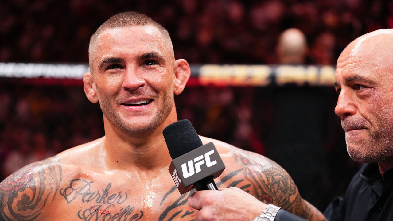 MIAMI, FLORIDA - MARCH 09: Dustin Poirier reacts after his victory against Benoit Saint Denis of France in a lightweight fight during the UFC 299 event at Kaseya Center on March 09, 2024 in Miami, Florida.