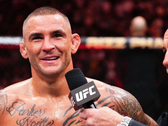 MIAMI, FLORIDA - MARCH 09: Dustin Poirier reacts after his victory against Benoit Saint Denis of France in a lightweight fight during the UFC 299 event at Kaseya Center on March 09, 2024 in Miami, Florida.