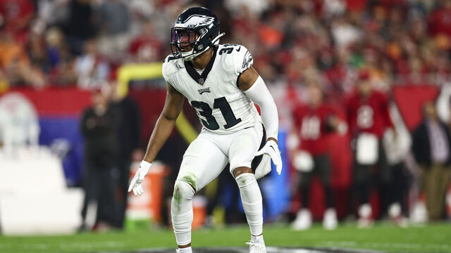 TAMPA, FL - JANUARY 15: Kevin Byard #31 of the Philadelphia Eagles defends in pass coverage during an NFL wild-card playoff football game against the Tampa Bay Buccaneers at Raymond James Stadium on January 15, 2024 in Tampa, Florida.