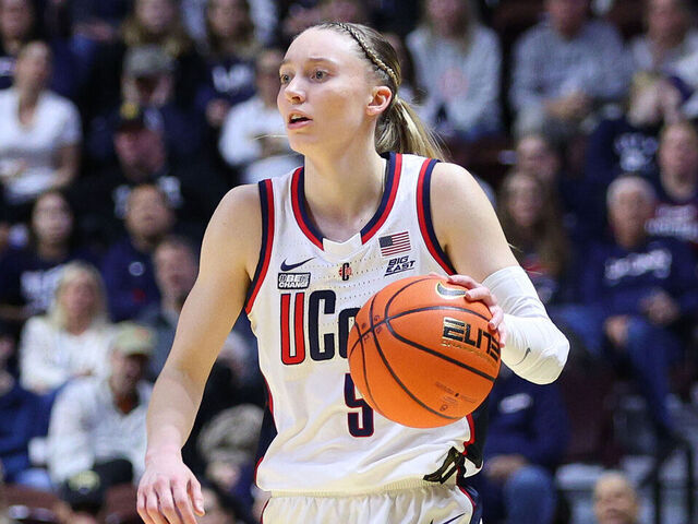 UNCASVILLE, CT - MARCH 09: UConn Huskies guard Paige Bueckers (5) with the ball during the Women's Big East Tournament quarterfinals game between Providence Friars and UConn Huskies on March 9, 2024, at Mohegan Sun Arena in Uncasville, CT.