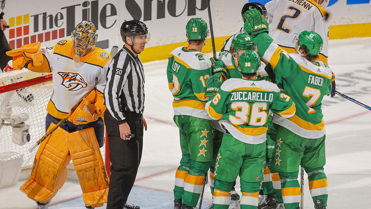 SAINT PAUL, MN - MARCH 10: Mats Zuccarello #36, Matt Boldy #12, Brock Faber #7 and Kirill Kaprizov #97 of the Minnesota Wild celebrate after scoring a goal against Juuse Saros #74 and the Nashville Predators during the game at the Xcel Energy Center on March 10, 2024 in Saint Paul, Minnesota.