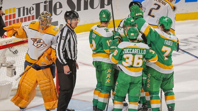 SAINT PAUL, MN - MARCH 10: Mats Zuccarello #36, Matt Boldy #12, Brock Faber #7 and Kirill Kaprizov #97 of the Minnesota Wild celebrate after scoring a goal against Juuse Saros #74 and the Nashville Predators during the game at the Xcel Energy Center on March 10, 2024 in Saint Paul, Minnesota.