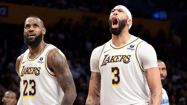 Los Angeles, California March 10, 2024-Lakers Anthony Davis (3) screams after being fouled and scoring a basket as LeBron James looks on against the Timberwolves in the fourth quarter at Crypto.com Arena Sunday. (Wally Skalij/Los Angeles Times via Getty Images)