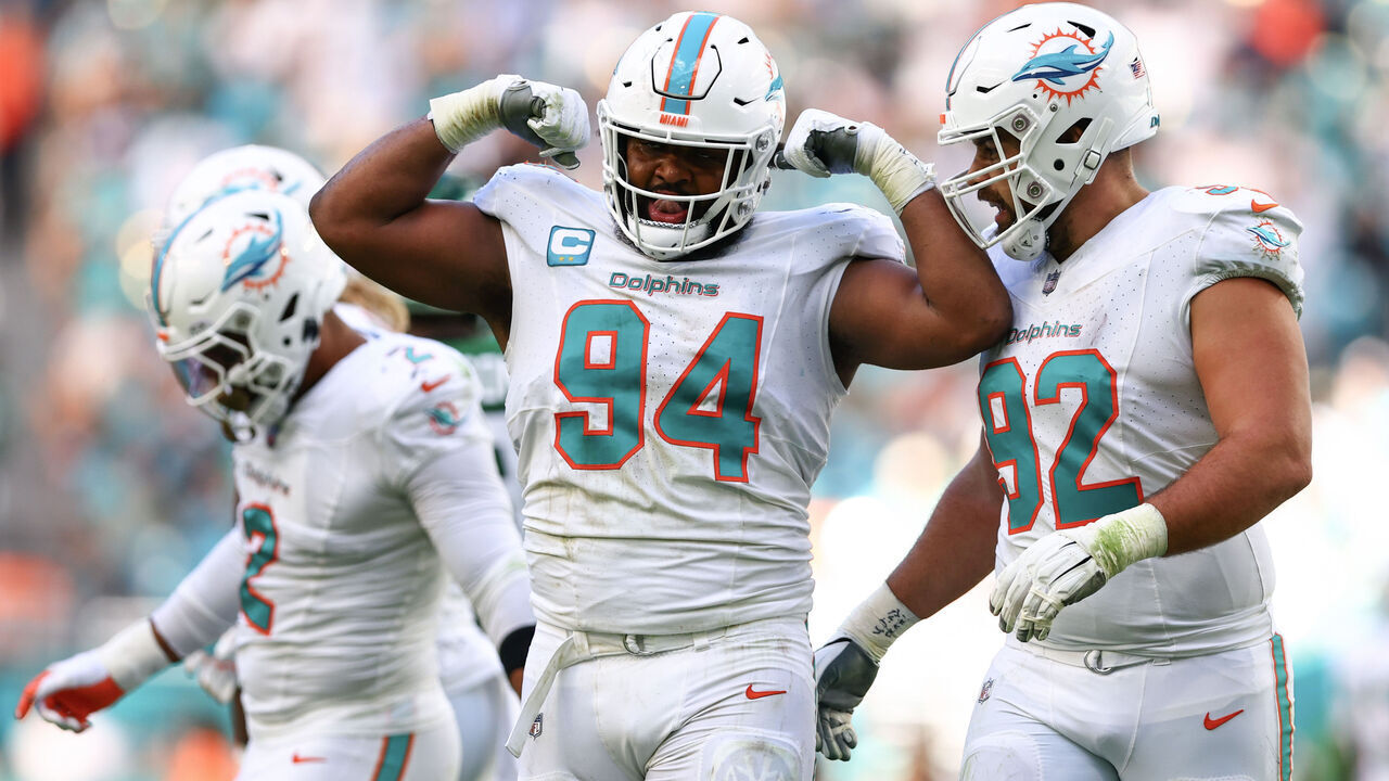 MIAMI GARDENS, FLORIDA - DECEMBER 17: Christian Wilkins #94 of the Miami Dolphins reacts during the second quarter against the New York Jets at Hard Rock Stadium on December 17, 2023 in Miami Gardens, Florida.