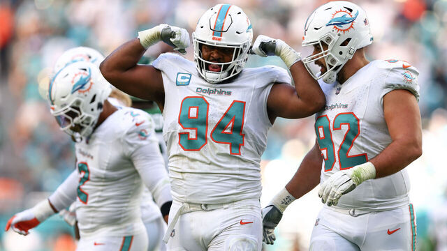 MIAMI GARDENS, FLORIDA - DECEMBER 17: Christian Wilkins #94 of the Miami Dolphins reacts during the second quarter against the New York Jets at Hard Rock Stadium on December 17, 2023 in Miami Gardens, Florida.
