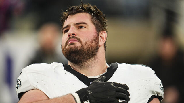 EAST RUTHERFORD, NJ - JANUARY 07: Landon Dickerson #69 of the Philadelphia Eagles looks on from the sideline prior to an NFL football game against the New York Giants at MetLife Stadium on January 7, 2024 in East Rutherford, New Jersey.