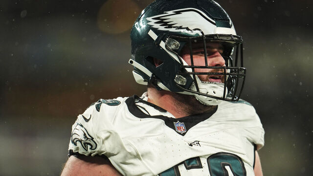 EAST RUTHERFORD, NJ - JANUARY 07: Landon Dickerson #69 of the Philadelphia Eagles looks on from the field during an NFL football game against the New York Giants at MetLife Stadium on January 7, 2024 in East Rutherford, New Jersey.