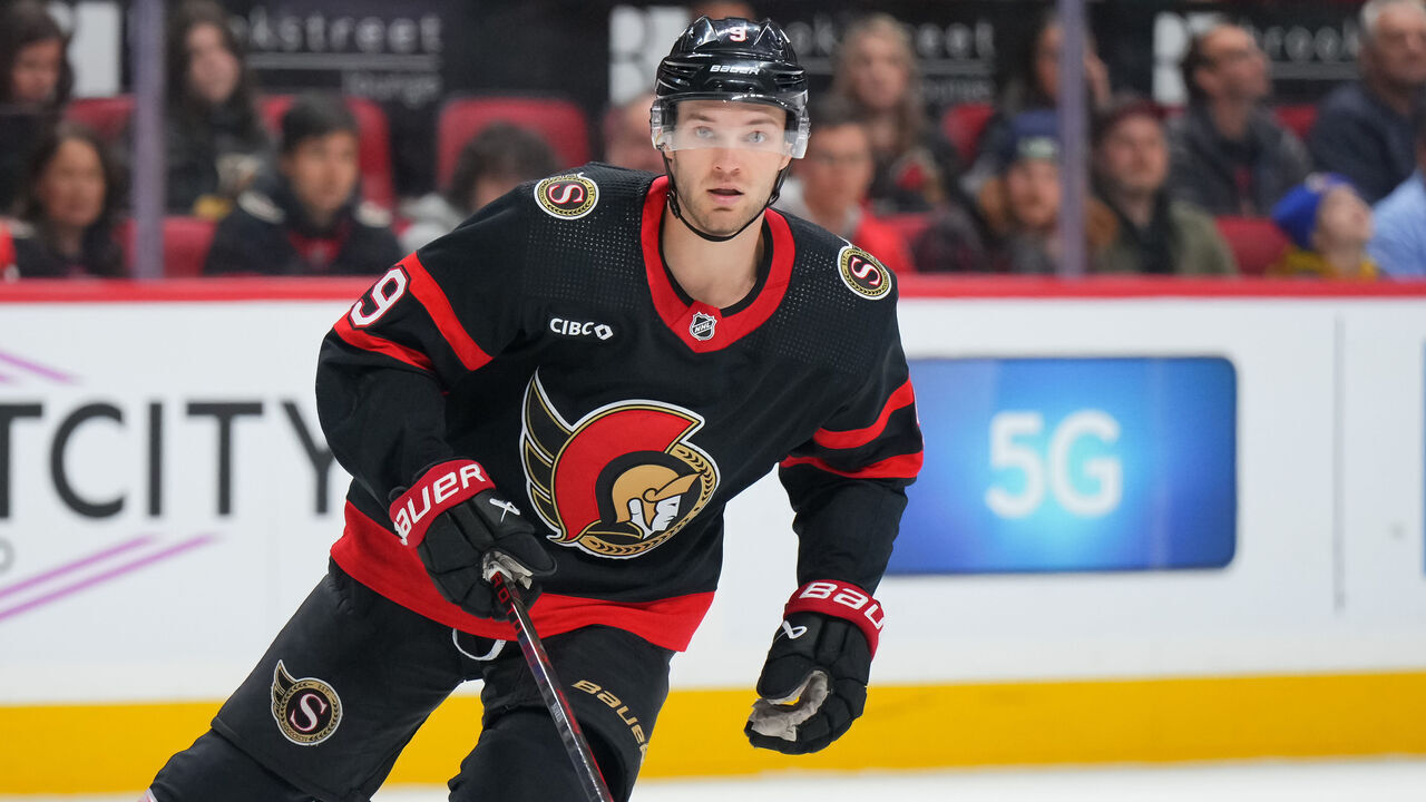 OTTAWA, CANADA - FEBRUARY 24: Josh Norris #9 of the Ottawa Senators skates against the Vegas Golden Knights at Canadian Tire Centre on February 24, 2024 in Ottawa, Ontario, Canada.