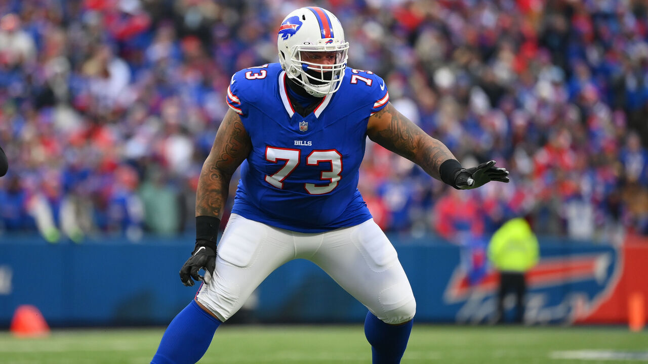ORCHARD PARK, NEW YORK - DECEMBER 31: Dion Dawkins #73 of the Buffalo Bills in action against the New England Patriots during the first half at Highmark Stadium on December 31, 2023 in Orchard Park, New York. The Bills won 27-21.