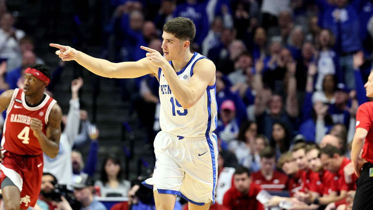 LEXINGTON, KENTUCKY - MARCH 02: Reed Sheppard #15 of the Kentucky Wildcats celebrates after making a three point shot in the first half against the Arkansas Razorbacks at Rupp Arena on March 02, 2024 in Lexington, Kentucky.