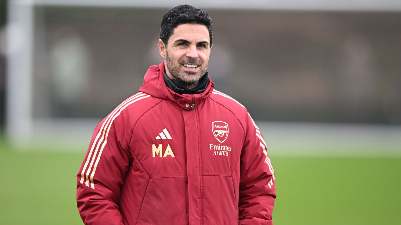 LONDON COLNEY, ENGLAND - MARCH 11: Arsena manager Mikel Arteta during a training session at Sobha Realty Training Centre on March 11, 2024 in London Colney, England.