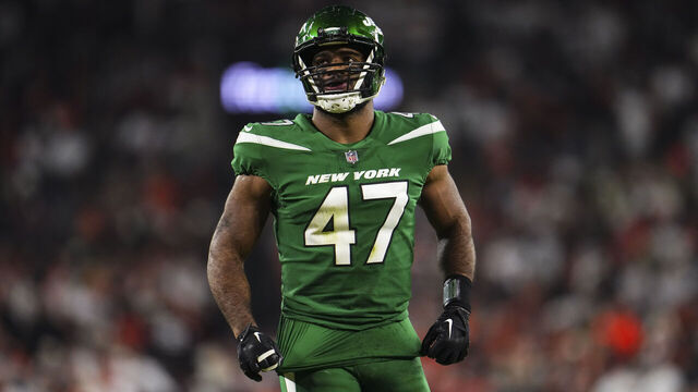 CLEVELAND, OH - DECEMBER 28: Bryce Huff #47 of the New York Jets looks on from the field during an NFL football game against the Cleveland Browns at Cleveland Browns Stadium on December 28, 2023 in Cleveland, Ohio.