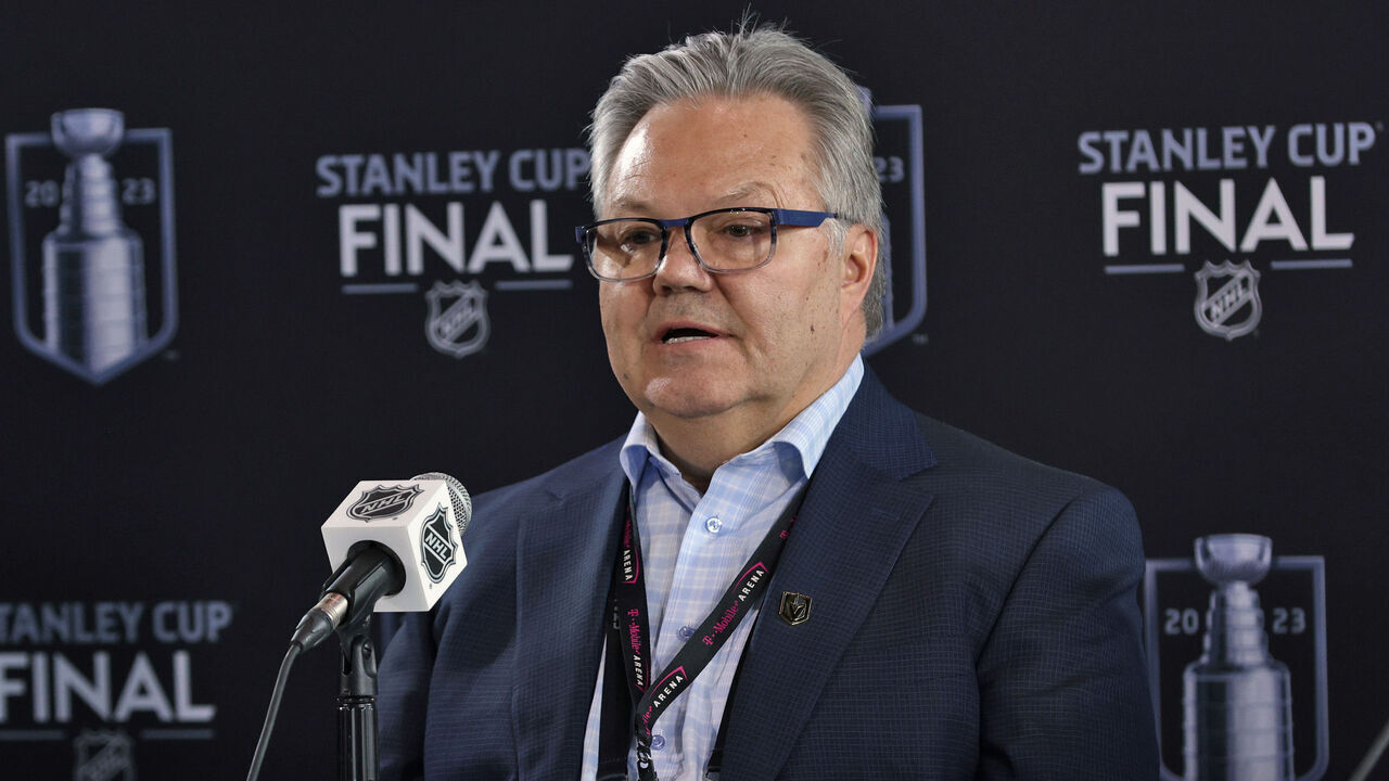 LAS VEGAS, NEVADA - JUNE 02: General Manager Kelly McCrimmon of the Vegas Golden Knights speaks during Media Day for the 2023 NHL Stanley Cup Final at T-Mobile Arena on June 02, 2023 in Las Vegas, Nevada.