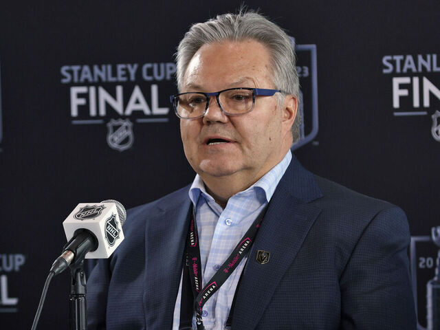 LAS VEGAS, NEVADA - JUNE 02: General Manager Kelly McCrimmon of the Vegas Golden Knights speaks during Media Day for the 2023 NHL Stanley Cup Final at T-Mobile Arena on June 02, 2023 in Las Vegas, Nevada.