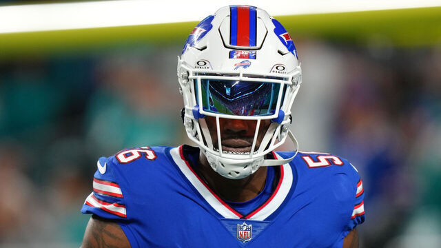 MIAMI GARDENS, FL - JANUARY 07: Buffalo Bills defensive end Leonard Floyd (56) warms up before the game between the Buffalo Bills and the Miami Dolphins on Sunday, January 7, 2024 at Hard Rock Stadium, Miami Gardens, Fla.