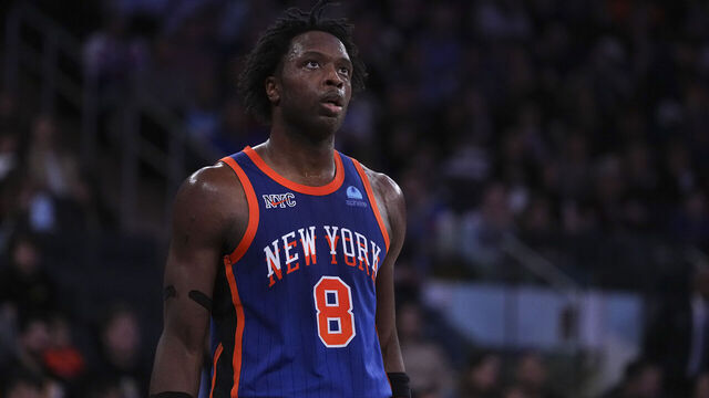 NEW YORK, NEW YORK - JANUARY 27: OG Anunoby #8 of the New York Knicks looks on against the Miami Heat at Madison Square Garden on January 27, 2024 in New York City.
