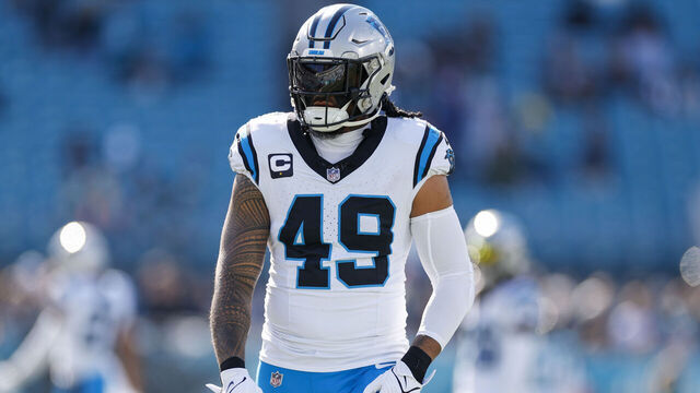 JACKSONVILLE, FL - DECEMBER 31: Carolina Panthers linebacker Frankie Luvu (49) before the game between the Jacksonville Jaguars and the Carolina Panthers on December 31, 2023 at EverBank Stadium in Jacksonville, Fl.