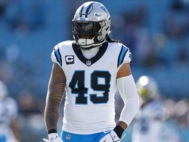 JACKSONVILLE, FL - DECEMBER 31: Carolina Panthers linebacker Frankie Luvu (49) before the game between the Jacksonville Jaguars and the Carolina Panthers on December 31, 2023 at EverBank Stadium in Jacksonville, Fl.
