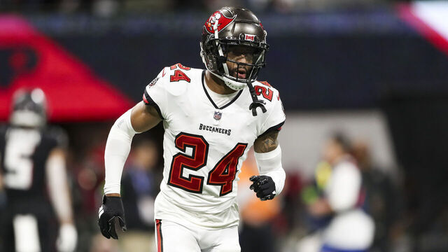 ATLANTA, GEORGIA - DECEMBER 10: Carlton Davis III #24 of the Tampa Bay Buccaneers runs to the sideline during an NFL football game against the Atlanta Falcons at Mercedes-Benz Stadium on December 10, 2023 in Atlanta, Georgia.
