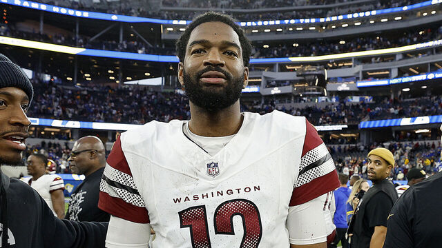 INGLEWOOD, CALIFORNIA - DECEMBER 17: Jacoby Brissett #12 of the Washington Commanders reacts after the game against the Los Angeles Rams at SoFi Stadium on December 17, 2023 in Inglewood, California.