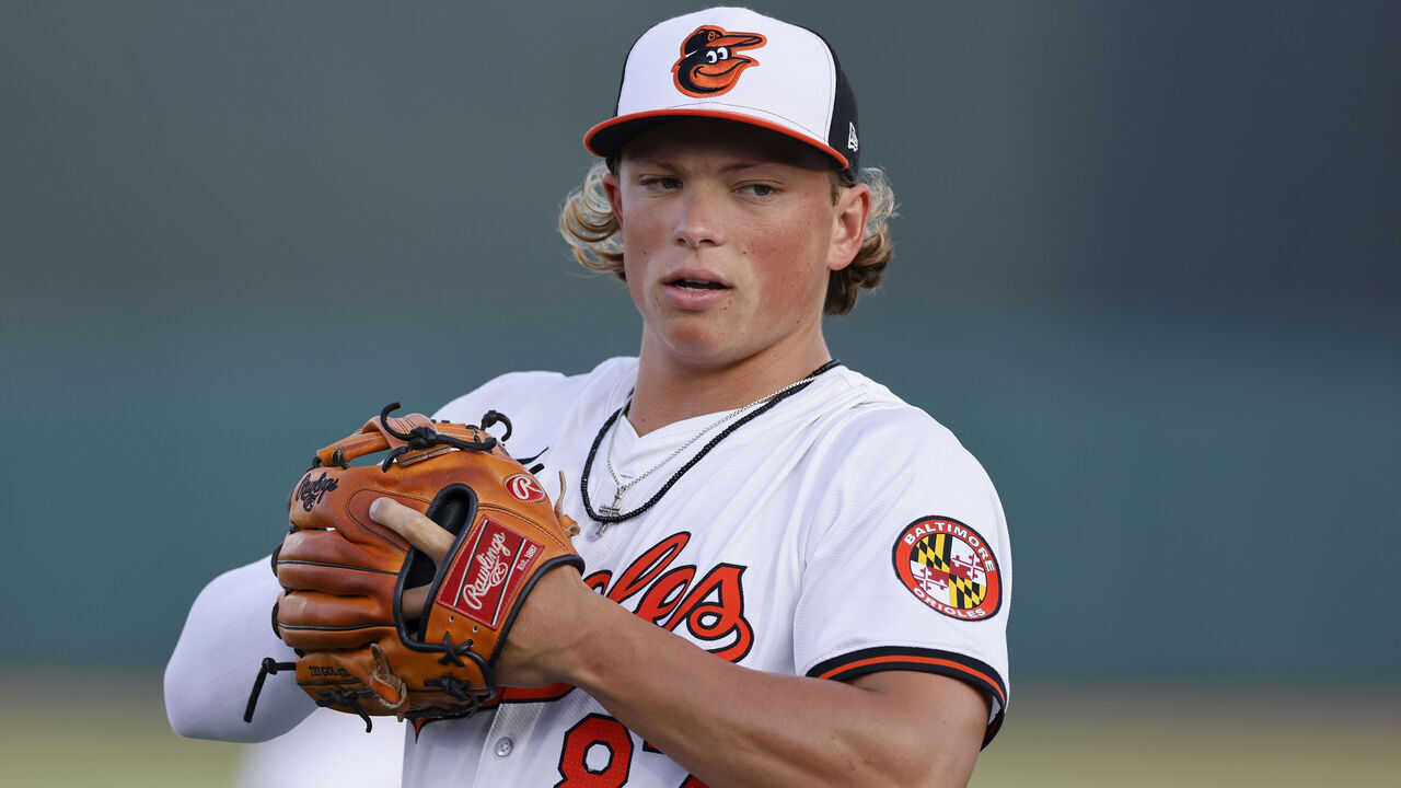SARASOTA, FL - MARCH 08: Baltimore Orioles second baseman Jackson Holliday (87) looks on before an MLB spring training game against the Detroit Tigers on March 08, 2024 at Ed Smith Stadium in Sarasota, Florida.
