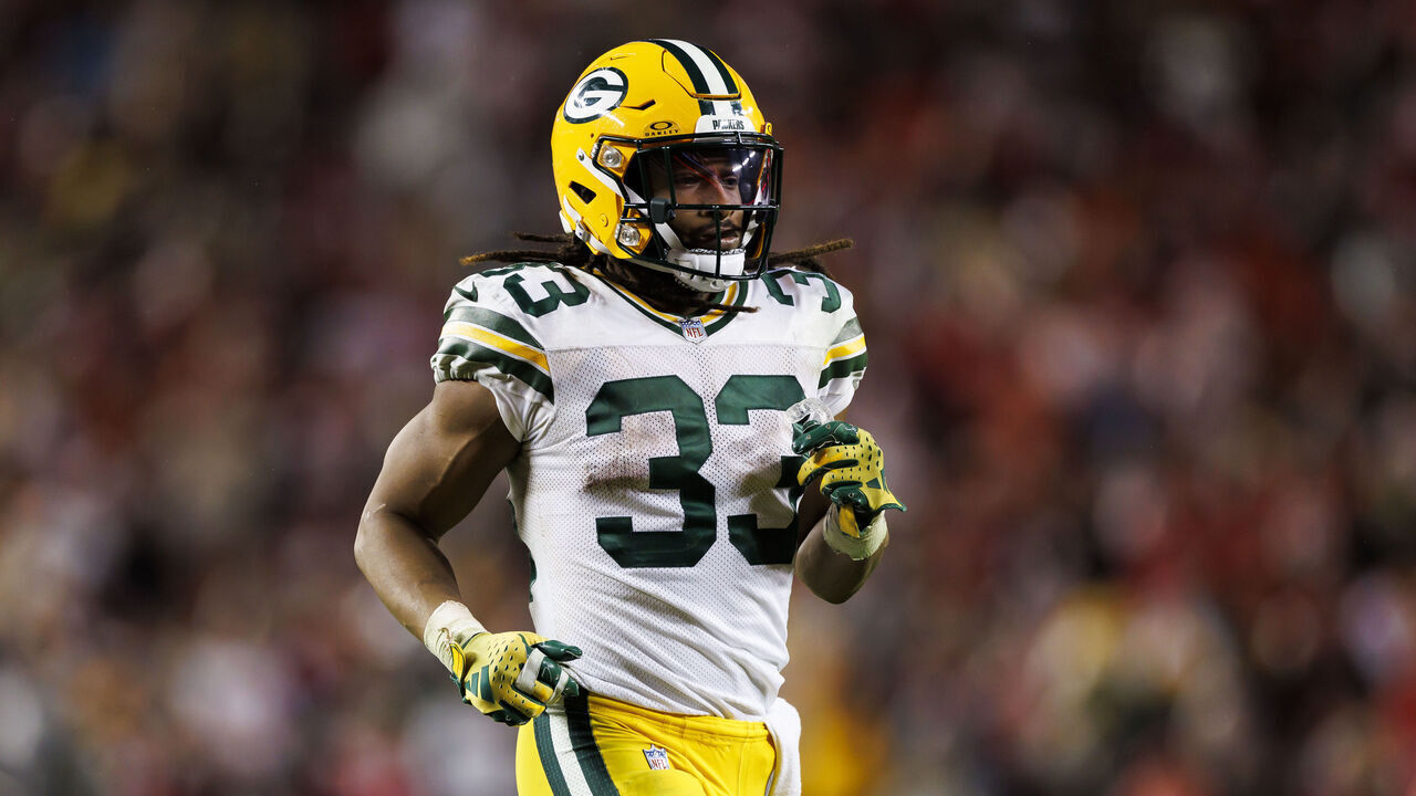 SANTA CLARA, CALIFORNIA - JANUARY 20: Aaron Jones #33 of the Green Bay Packers runs during an NFC divisional round playoff football game against the San Francisco 49ers at Levi's Stadium on January 20, 2024 in Santa Clara, California.