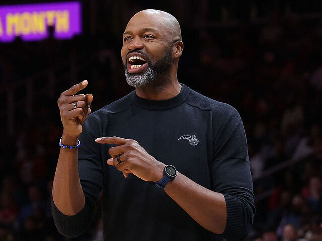 ATLANTA, GEORGIA - FEBRUARY 25: Head coach Jamahl Mosley of the Orlando Magic reacts against the Atlanta Hawks during the third quarter at State Farm Arena on February 25, 2024 in Atlanta, Georgia. NOTE TO USER: User expressly acknowledges and agrees that, by downloading and/or using this photograph, user is consenting to the terms and conditions of the Getty Images License Agreement.