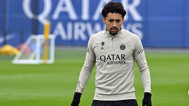 PARIS, FRANCE - MARCH 03: Marquinhos looks on during a Paris Saint-Germain training session at Campus PSG on March 03, 2024 in Paris, France.