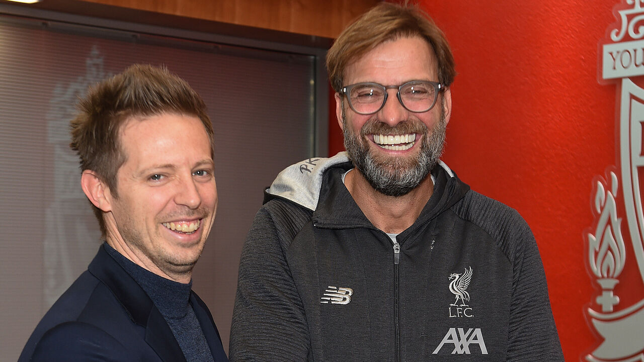 LIVERPOOL, ENGLAND - DECEMBER 13: (THE SUN OUT, THE SUN ON SUNDAY OUT) Jurgen Klopp Signs A Contract Extension and chats with Sporting Director Michael Edwards and Mike Gordon FSG President and Liverpool F.C owner at Melwood Training Ground on December 13, 2019 in Liverpool, England.