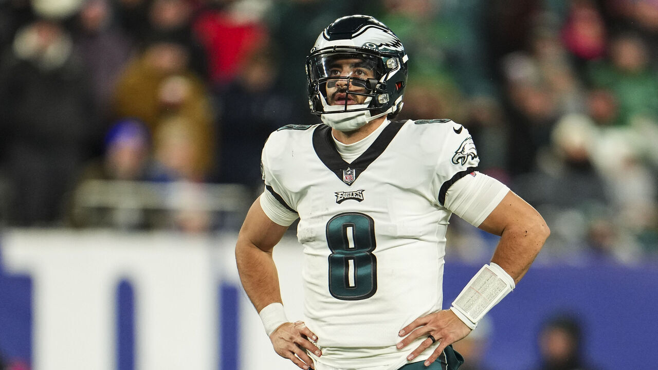 EAST RUTHERFORD, NJ - JANUARY 07: Marcus Mariota #8 of the Philadelphia Eagles looks on from the field during an NFL football game against the New York Giants at MetLife Stadium on January 7, 2024 in East Rutherford, New Jersey.