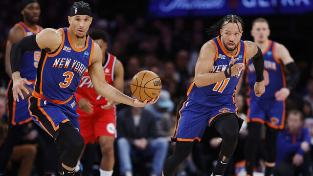 NEW YORK, NEW YORK - MARCH 10: Josh Hart #3 of the New York Knicks dribbles during the second half against the Philadelphia 76ers at Madison Square Garden on March 10, 2024 in New York City. The 76ers won 79-73.