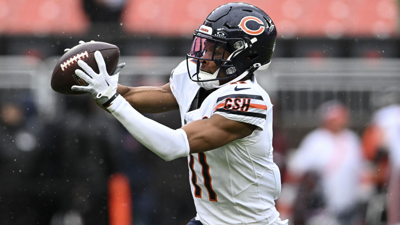 CLEVELAND, OHIO - DECEMBER 17: Darnell Mooney #11 of the Chicago Bears warms up prior to a game against the Cleveland Browns at Cleveland Browns Stadium on December 17, 2023 in Cleveland, Ohio.