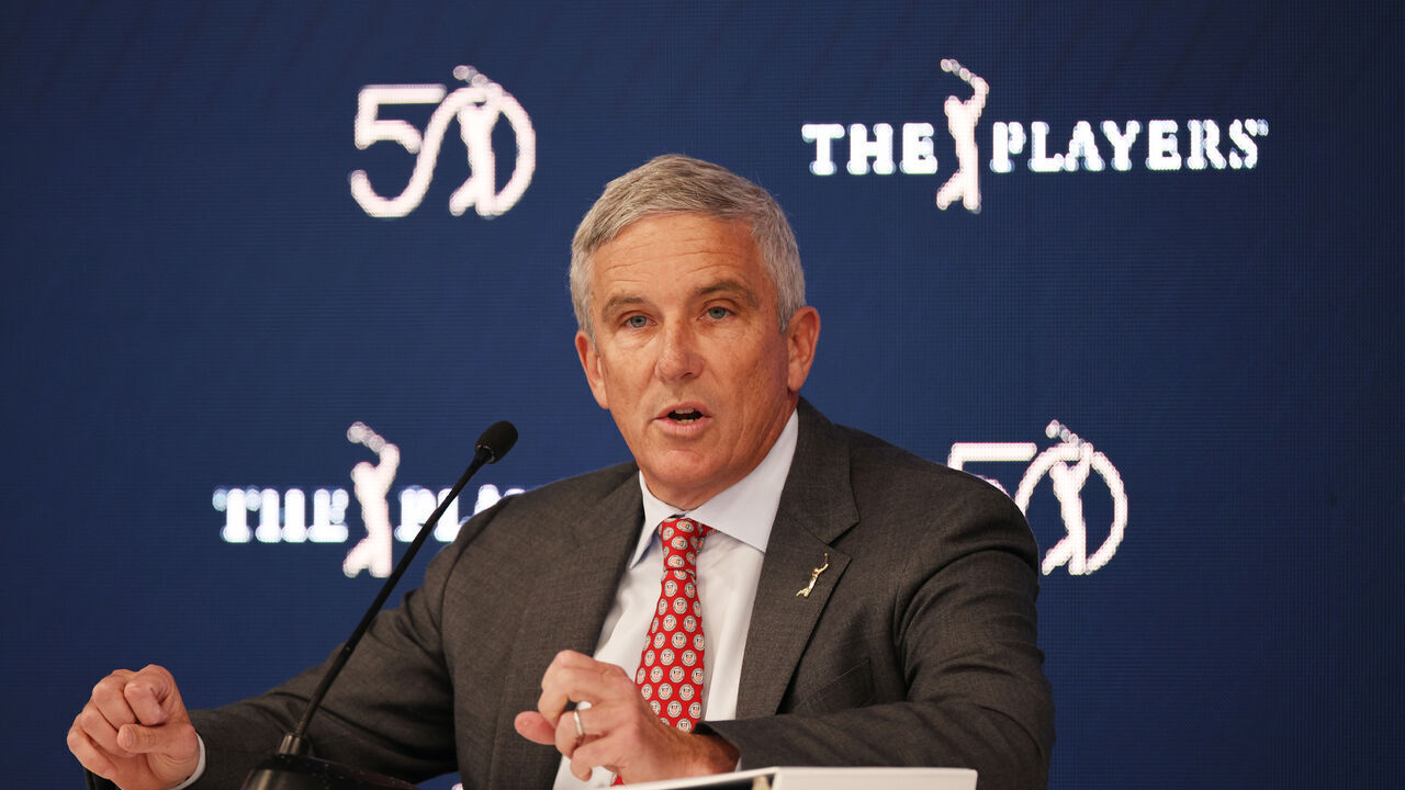 PONTE VEDRA BEACH, FLORIDA - MARCH 12: PGA Tour Commissioner Jay Monahan speaks during a press conference prior to THE PLAYERS Championship on the Stadium Course at TPC Sawgrass on March 12, 2024 in Ponte Vedra Beach, Florida.