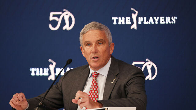 PONTE VEDRA BEACH, FLORIDA - MARCH 12: PGA Tour Commissioner Jay Monahan speaks during a press conference prior to THE PLAYERS Championship on the Stadium Course at TPC Sawgrass on March 12, 2024 in Ponte Vedra Beach, Florida.