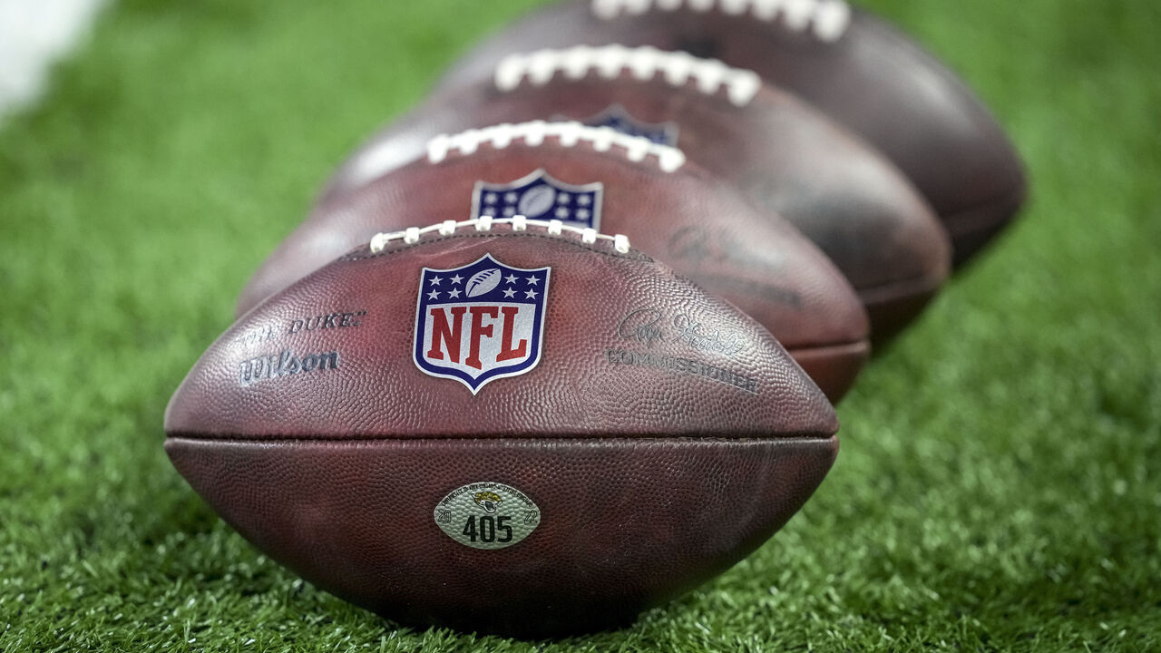 DETROIT, MICHIGAN - DECEMBER 04: Wilson brand footballs are pictured with the NFL logo before the game between the Detroit Lions and Jacksonville Jaguars at Ford Field on December 04, 2022 in Detroit, Michigan.