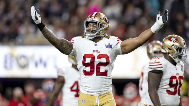 LAS VEGAS, NEVADA - FEBRUARY 11: Chase Young #92 of the San Francisco 49ers reacts during the NFL Super Bowl 58 football game between the San Francisco 49ers and the Kansas City Chiefs at Allegiant Stadium on February 11, 2024 in Las Vegas, Nevada.