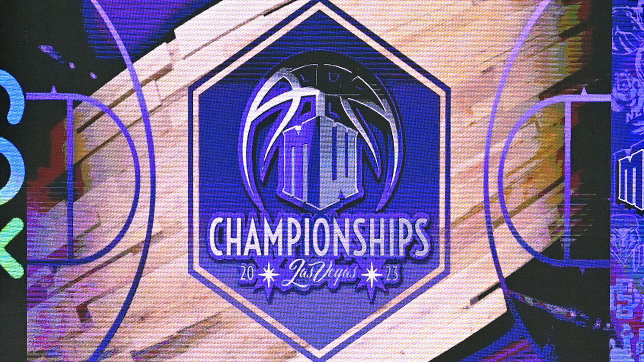 LAS VEGAS, NEVADA - MARCH 11: A Mountain West Conference basketball tournament logo is shown on the scoreboard before the championship game between the San Diego State Aztecs and the Utah State Aggies at the Thomas & Mack Center on March 11, 2023 in Las Vegas, Nevada.